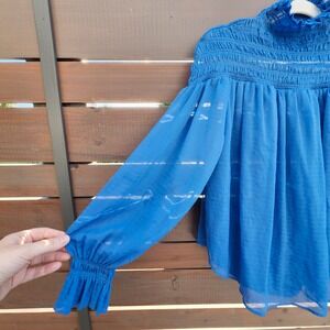Ann Taylor Blue‎ Smocked High Neck Blouse | Romantic Boho Flowy Top Sz S